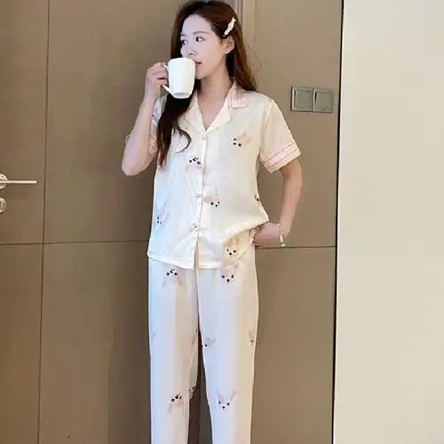 直播爆款冰雪丝柔光软丝睡衣女夏季家居服三件套=短裤长裤短袖衫 - 17