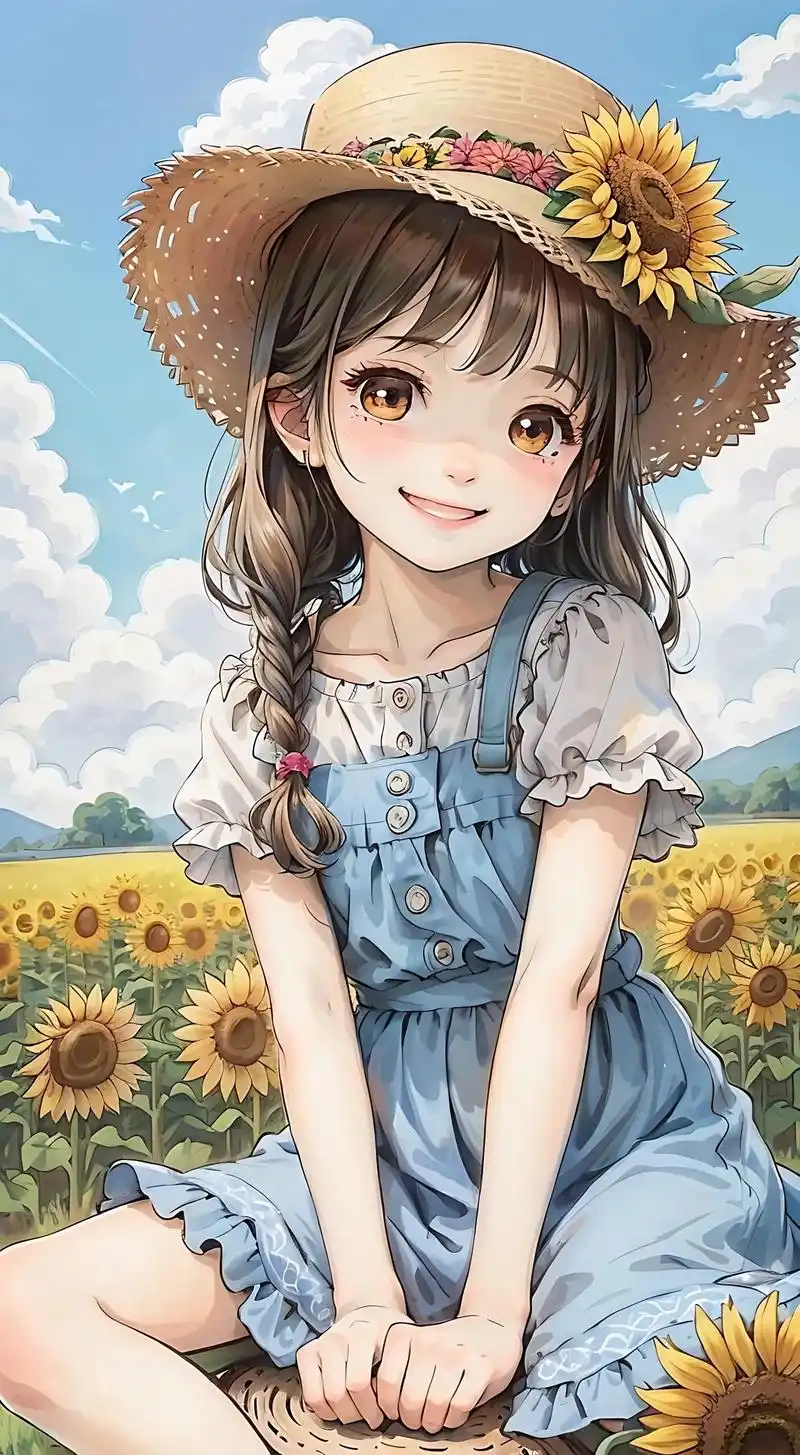 一个漂亮的小女孩,开心大笑,甜美可爱,近景,戴草帽,坐在田野 - 抖音