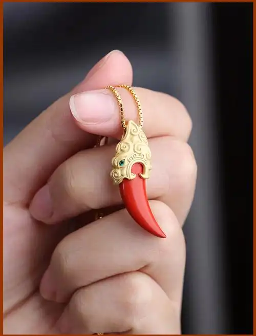 梦相依(mengxiangyi) 虎年足银镶嵌朱砂小虎牙吊坠男女本命年民族风