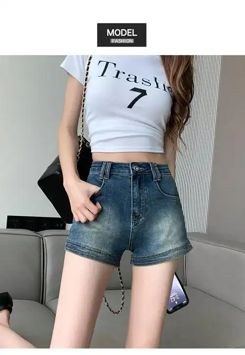 复古牛仔短裤女美式做旧辣妹ins风高腰a字包臀修身弹力直筒热裤