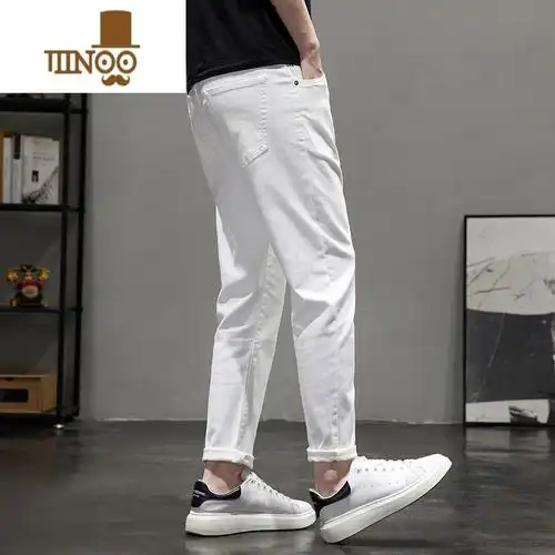 xu白色休闲裤男士夏季薄款直筒宽松韩版潮流百搭简约九分牛仔长裤子