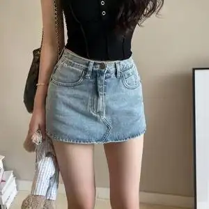 防走光mini超短牛仔裙裤水洗浅蓝色中腰包臀半身裙a字裙性感辣妹