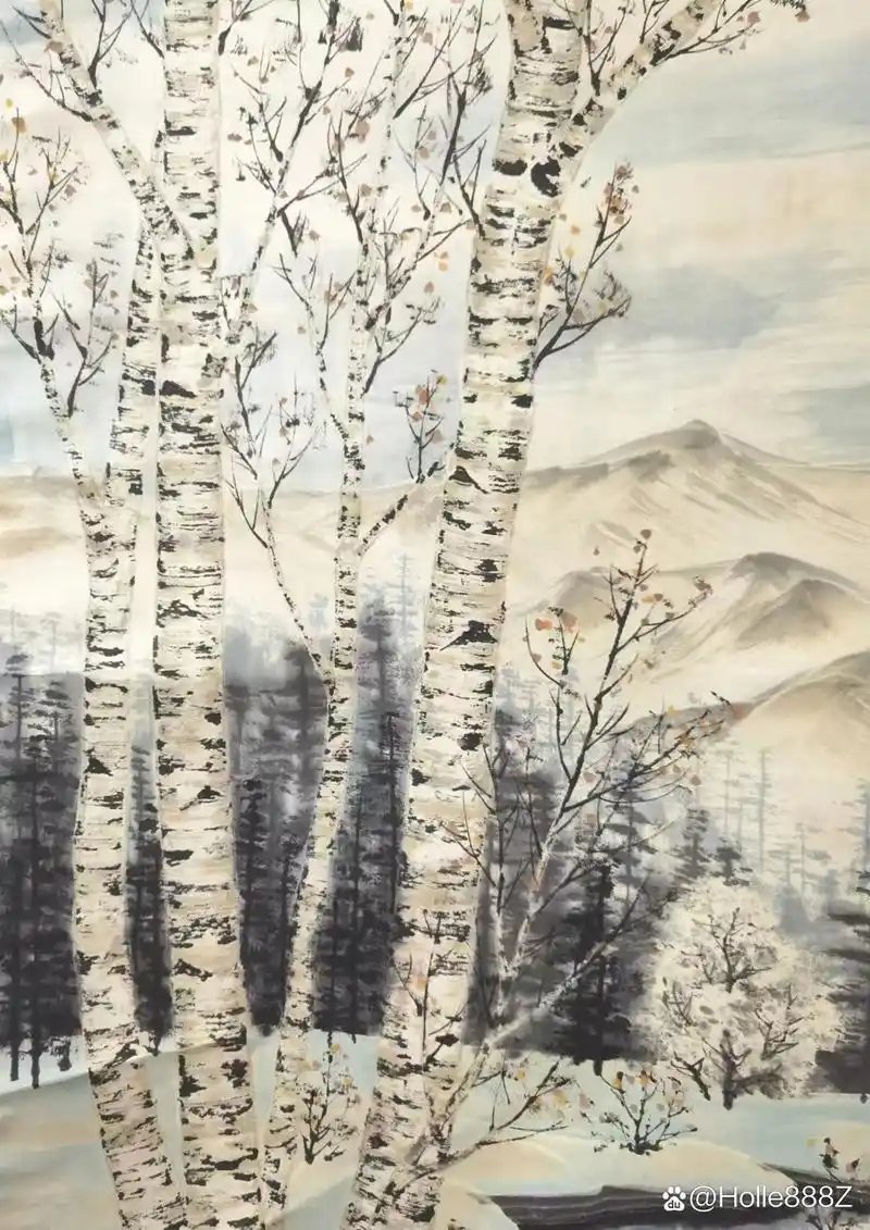 吴冠中水彩画桦树林(吴冠中印章) 尺寸五平尺