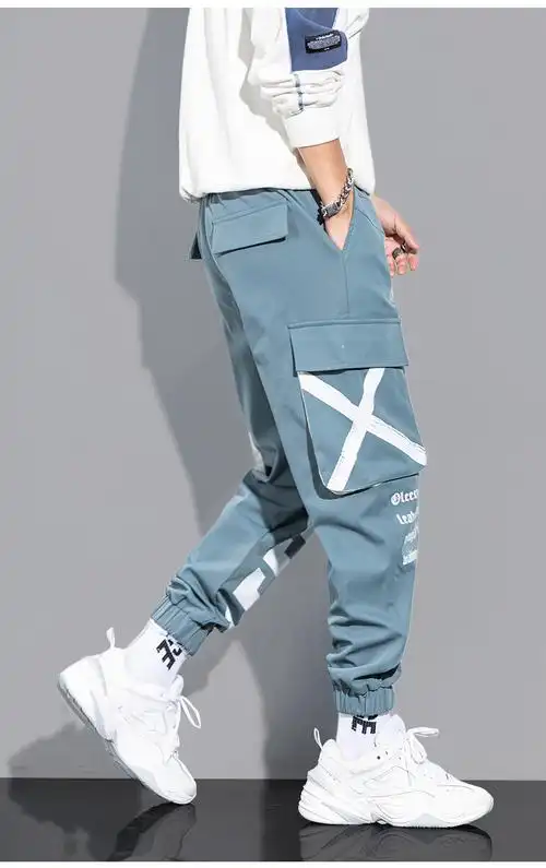 春秋潮牌工装裤男机能痞帅宽松韩版潮流飘带ins束脚休闲裤子男蓝绿色s