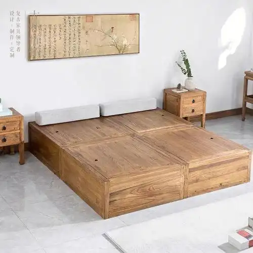 老榆木床旧木板门板榻榻米卯榫床实木中式木