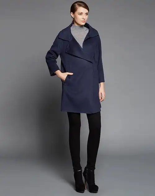 名师路minze style藏蓝色双面绒不对称开领帅气女大衣