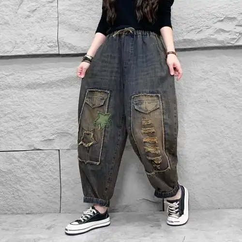 复古水洗做旧贴布破洞牛仔裤女个性破洞老爹裤宽松显瘦哈伦萝卜裤