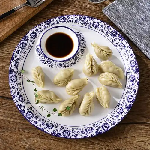潮州青花瓷圆形盘子陶瓷平盘带醋碟饺子创意浅盘点心酒店家用菜.