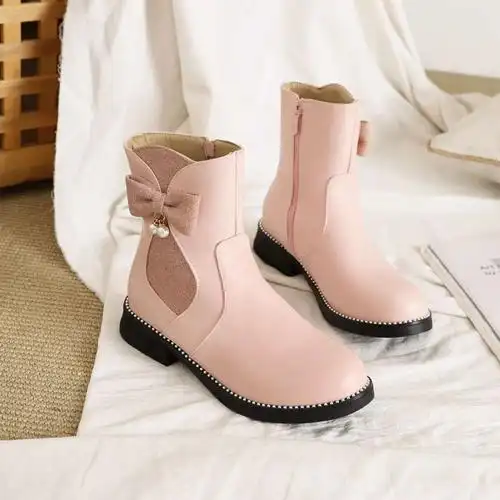 秋冬季甜美平跟短靴女童靴学生皮鞋淑女粉色防滑底小码靴子拉链靴