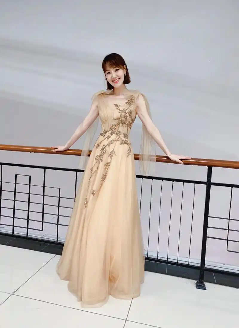 王冠气质就是好穿香槟色薄纱连衣裙配齐肩发美得高贵又大方