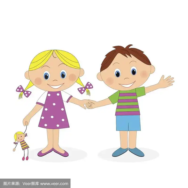 小男孩和小女孩手牵着手挥手