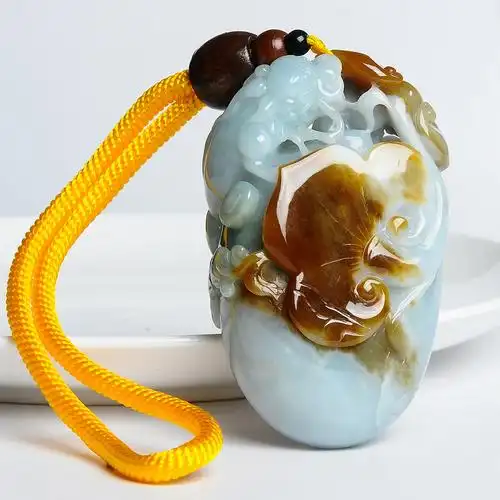 翡翠a货冰糯浅绿褐黄如意貔貅玉石手把件/翡翠手把件附证书