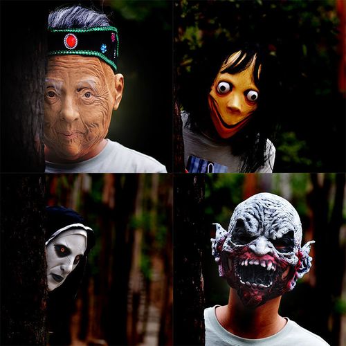 恐怖鬼脸半脸僵尸小丑骷髅头套momo恐怖面具cos表演节目直播道具