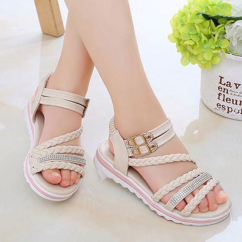 女童凉鞋夏季新款2021小女孩5-8-12岁亲子鞋学院风简约韩版公主鞋 米