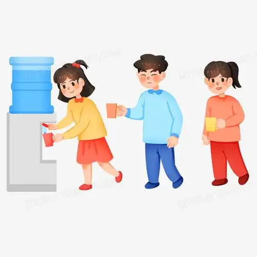 手绘卡通小朋友排队接水喝免抠素材