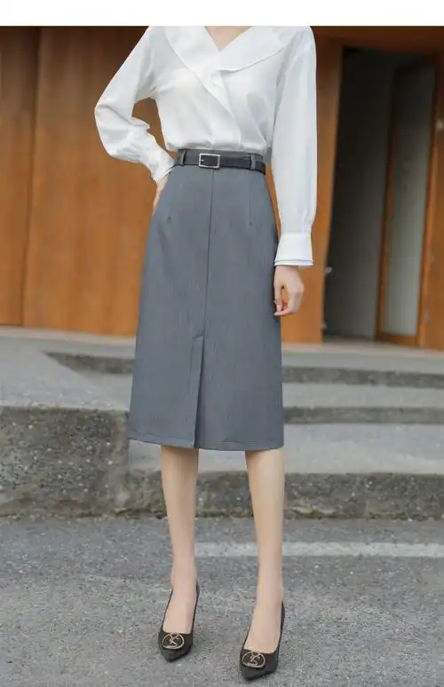 现货*** 三标灰色半身裙春秋2024年新款气质开叉一步裙 - 17网