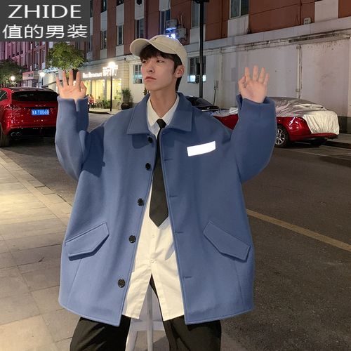 suntek蓝色毛呢大衣男oversize外套秋冬季加厚风衣男装冬装2020年新款
