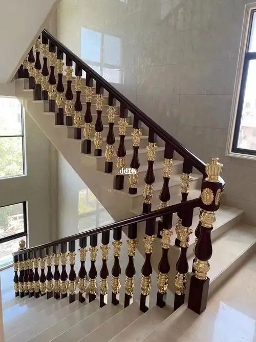 别墅楼梯扶手实木镶金属护栏镀金栏杆