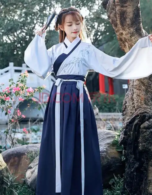 古装汉服女中国风交领琵琶袖广袖襦裙民族风学生成人演出服 浅蓝色 s