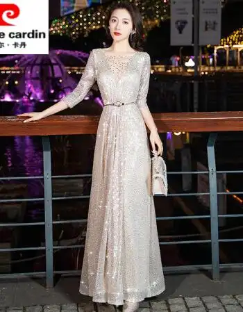 皮尔卡丹轻奢高档女装晚礼服女2021新款香槟色长款轻奢小众高端长袖