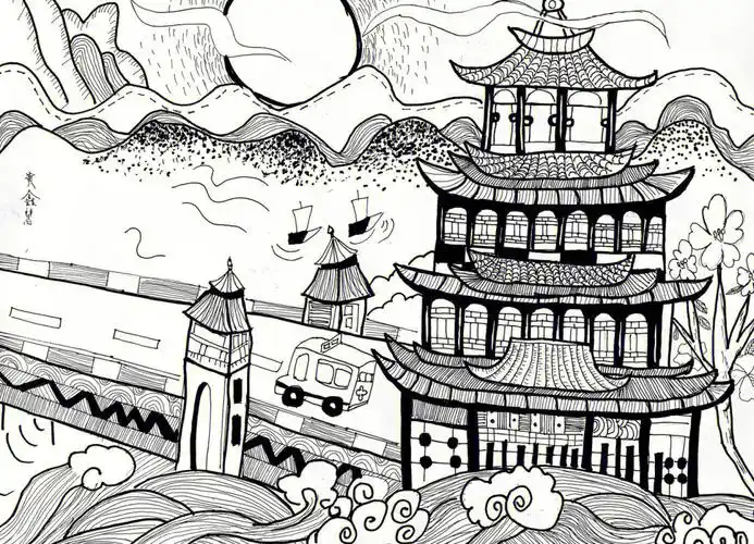 古建筑线描临摹儿童画