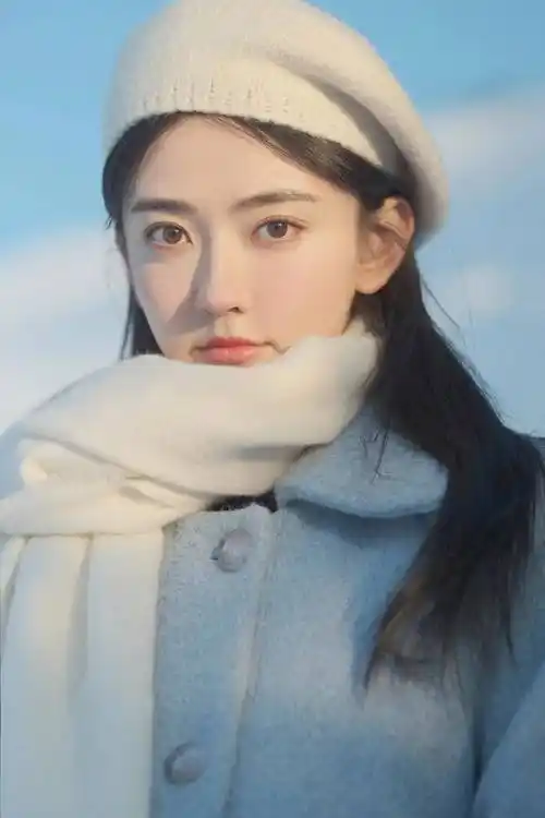 梁洁冬日氛围感大片 穿蓝色大衣戴贝雷帽笑容甜美温柔 清新治愈_白色