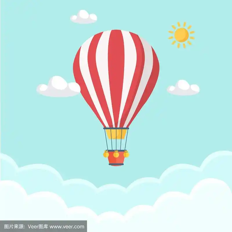 热气球在天空中飘着云彩.平面动画设计.矢量艺术插图