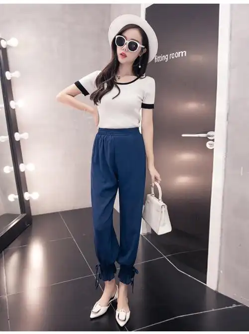 实拍雪纺灯笼裤女夏季高腰萝卜裤韩版宽松纱裤九分裤长裤子哈伦裤