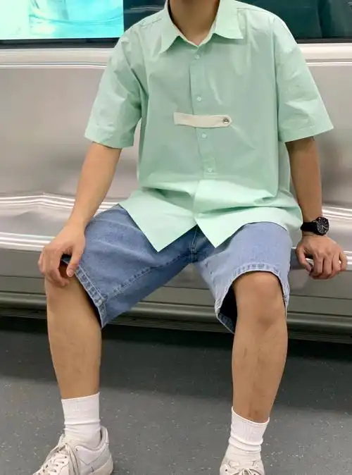 170男生穿搭夏日限定果酸绿短袖衬衫