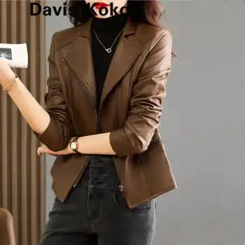 个子皮衣外套女装2022春秋新款气质休闲上衣时尚短款皮夹克潮 浅棕色