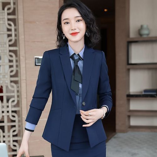 修身职业装女装套装新款气质套裙套裤正装工作服 藏蓝色西装-单件 s