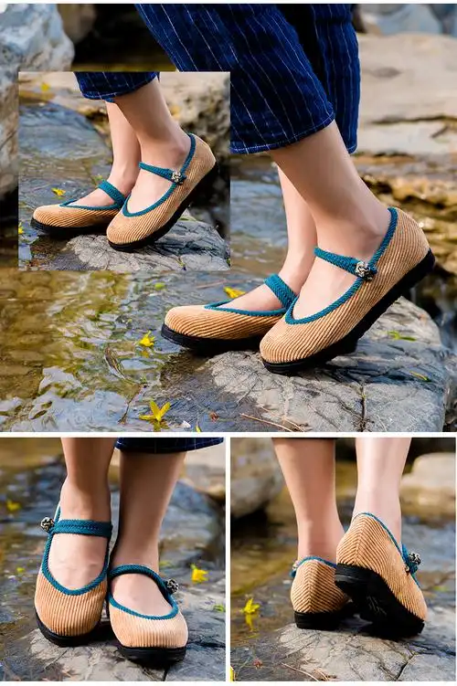 汉舞民族风女鞋圆头平跟千层底布鞋浅口系带鞋子女 由心 咖 36