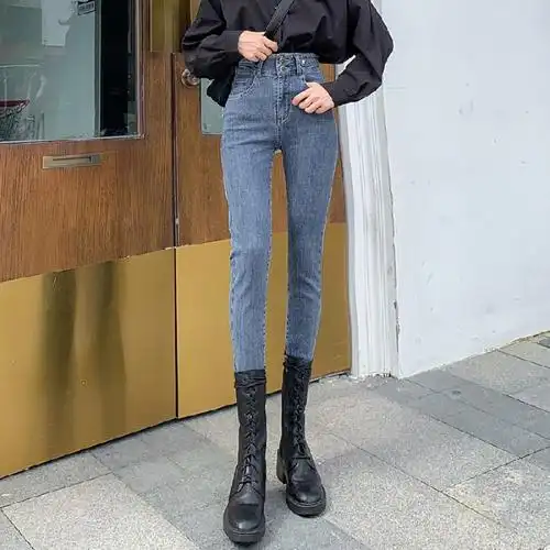 高腰牛仔裤女秋季2021春款双扣修身显瘦弹力紧身百搭铅笔小脚裤子