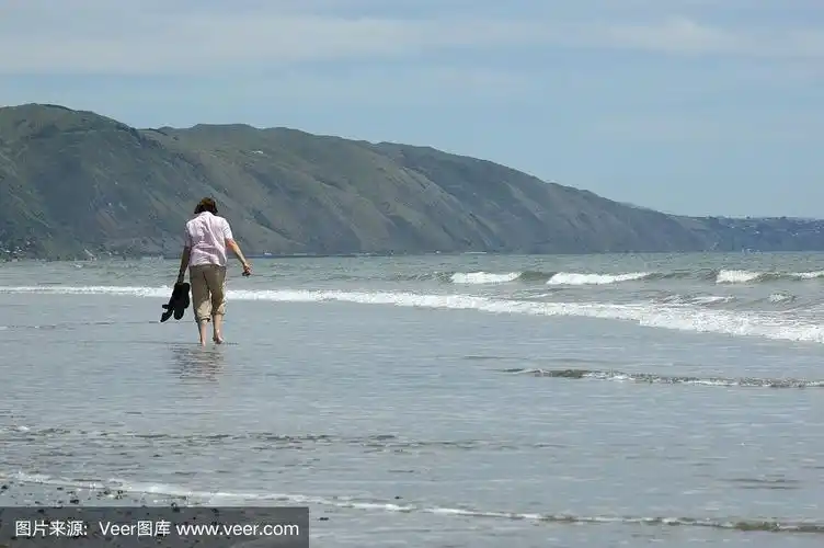 赤脚走在新西兰有山的海滩上
