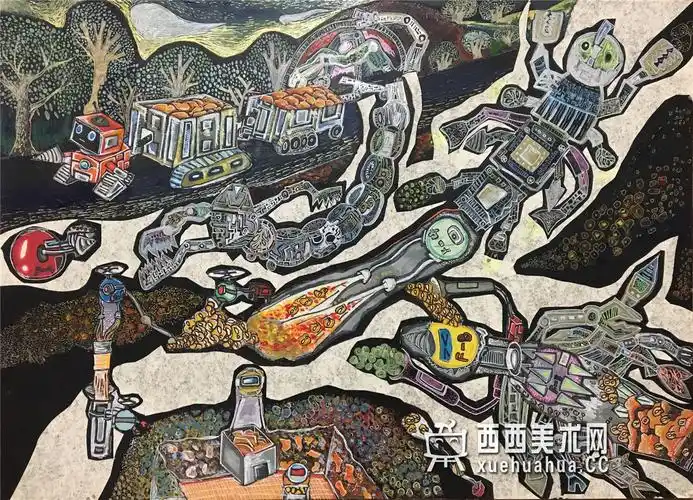 小学生一等奖科幻画作品挖金矿机器人