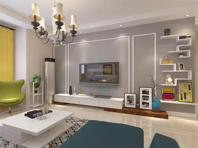 靠墙位置放置蓝灰色布艺沙发,与墙体颜色相对比,造成一种跳跃的感觉