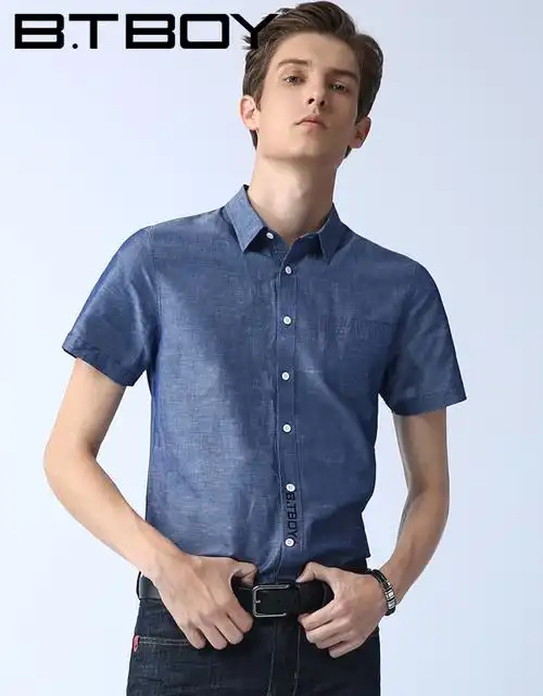 btboy棒球小子2018春夏男装亚麻衬衫男 修身短袖商务休闲薄款上衣