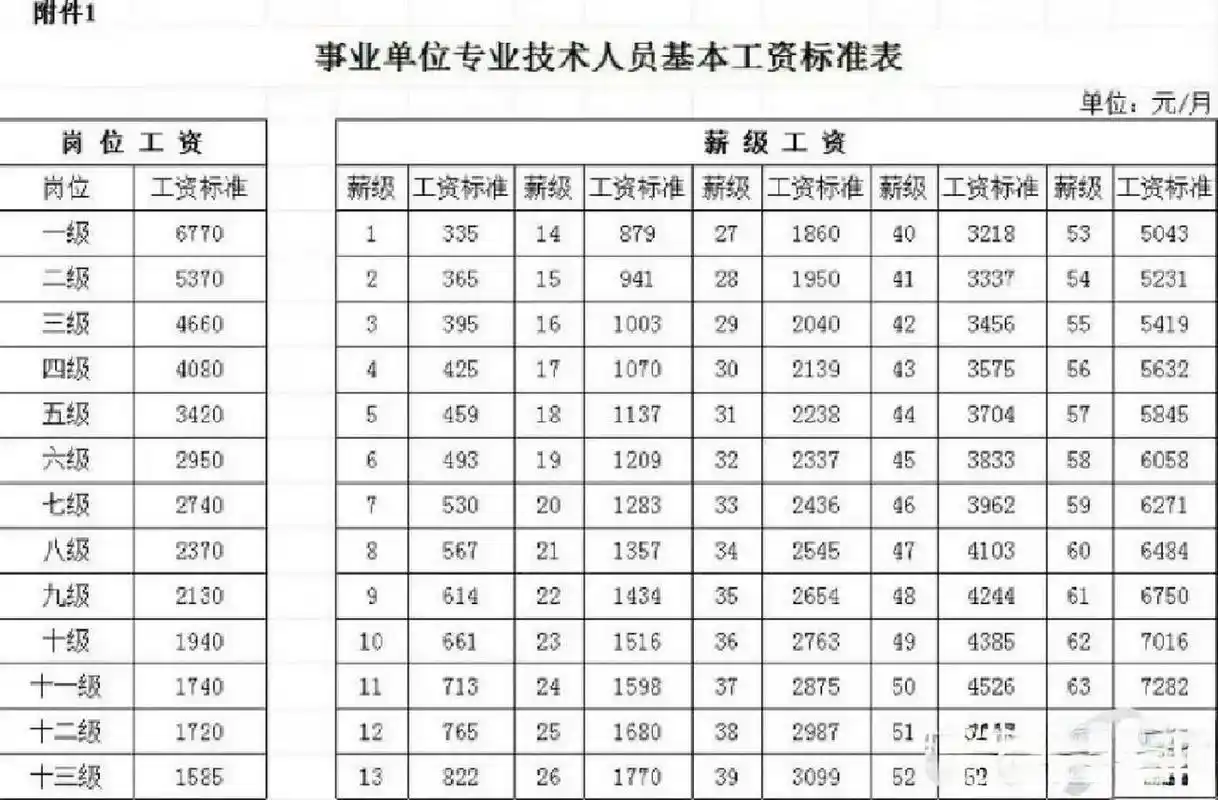 事业单位专业技术人员基本工资标准表95 事业编制中级职称能涨多少