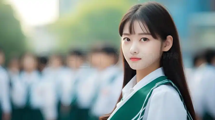 高中校园生活场景人像摄影图一群中国学生身着校服,在学校门口迎接