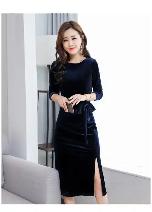 春秋冬新款金丝绒连衣裙女长袖高腰宴会晚礼服气质名媛包臀中长裙