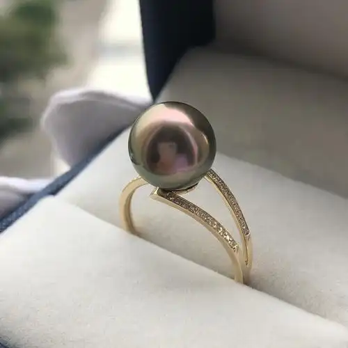 麦典1011mm海水大溪地黑珍珠戒指正圆强光18k金钻石戒指女