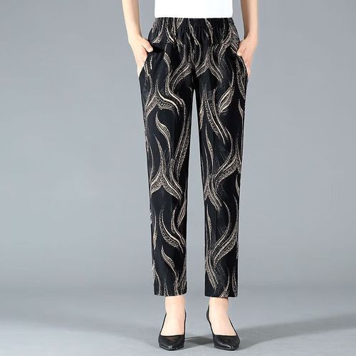 hksh夏季女裤高腰弹力松紧腰裤子休闲裤中年女裤花裤子 款式1羽毛 1xl