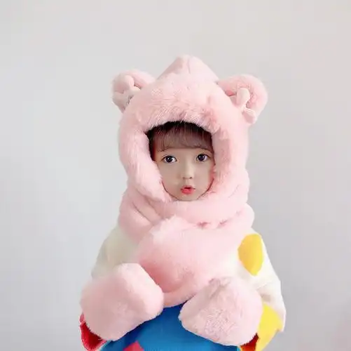 宝宝秋冬季婴儿婴幼儿童帽子围巾一体加绒护耳帽可爱超萌男童小孩