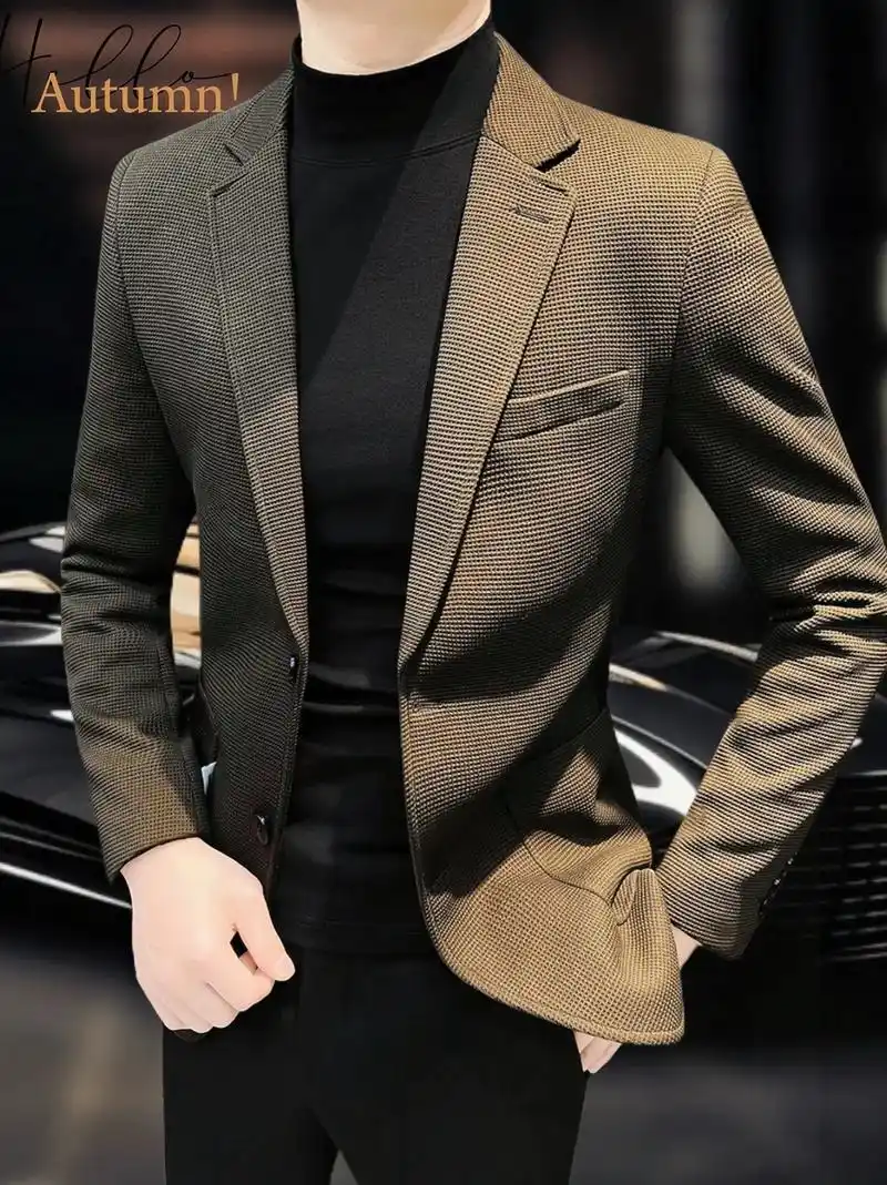 推荐这款华夫格西装外套男款商务正装高级感2024新款春秋修身男士休闲