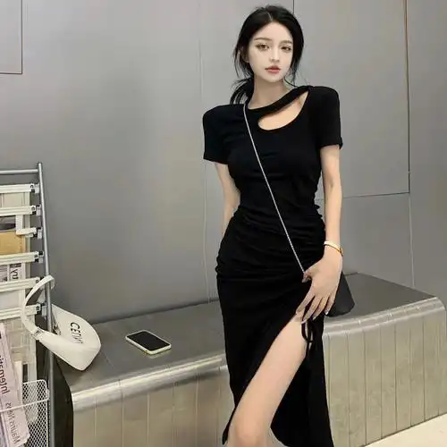 新款修身法式黑色跨境女装开叉中长裙夏季