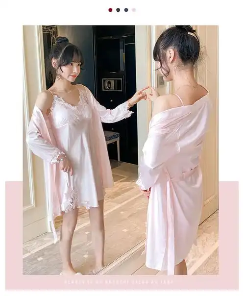 睡衣女春夏季性感冰丝绸睡袍吊带睡裙带胸垫有外披家居服春秋浴袍