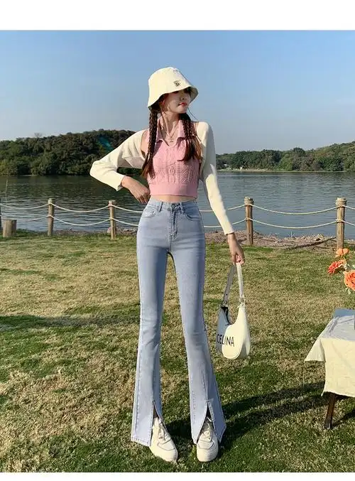 枳之家黑色开叉牛仔裤女春季2022年新款高腰紧身马蹄裤显瘦拖地微