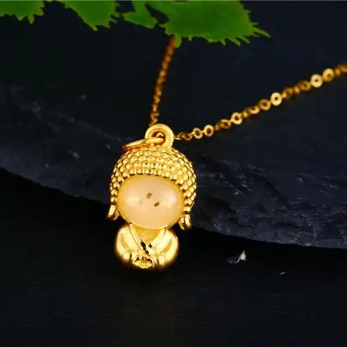 郑妃黄金足金金镶玉佛吊坠本命佛小金佛项链小萌佛吊坠足金佛公女