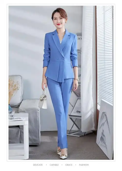 彩蓝色西装外套女春秋时尚别致压褶设计感主持人播音正装套装春 - 17