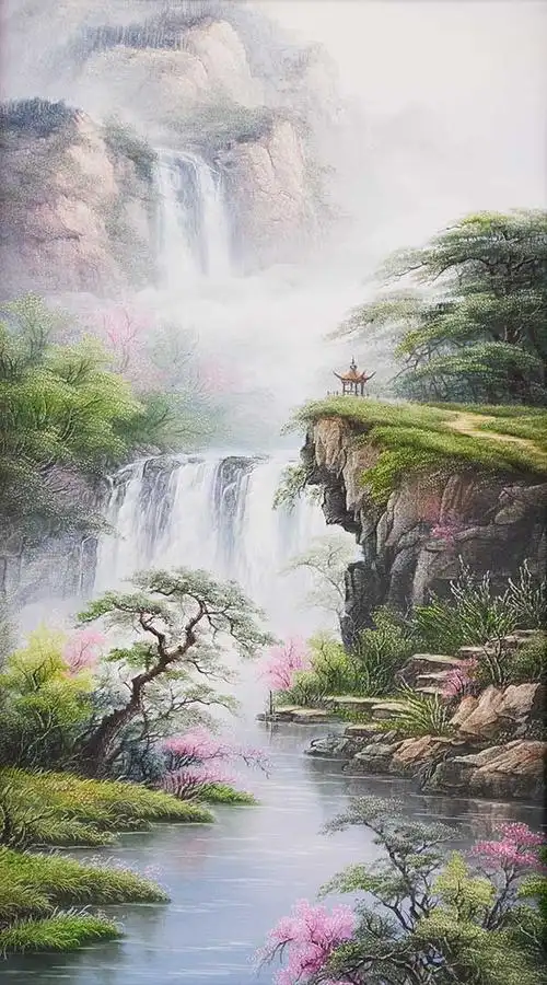 a04624(t39)玄关3中式山水瀑布云海亭子河流江河云雾红树林油画